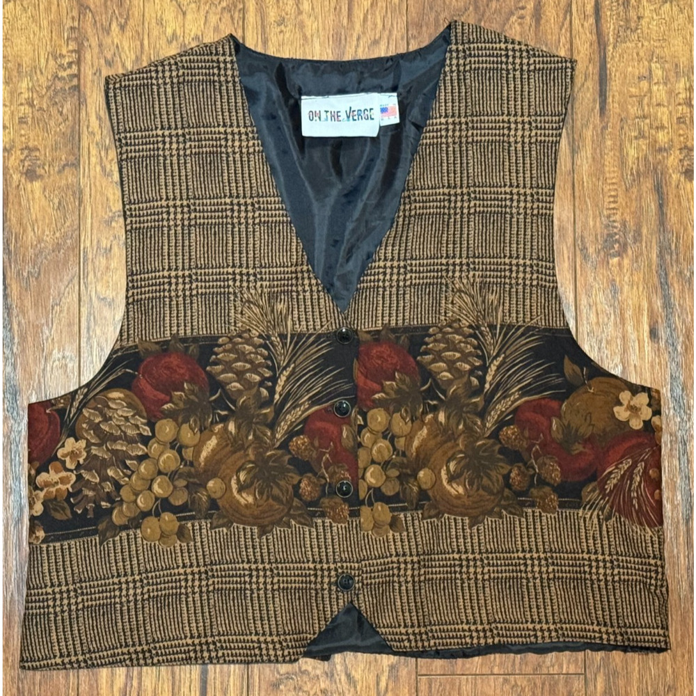 VTG On The Verge Fall Harvest Vest Button V-Neck Multicolor Made In USA - Size L